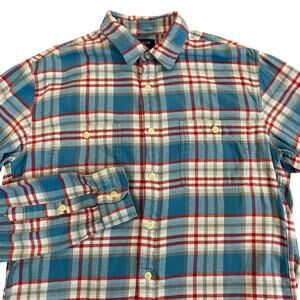 Crew Factory Flannel Shirt Men MT Blue Red Plaid Button Up Cabin Barn Preppy